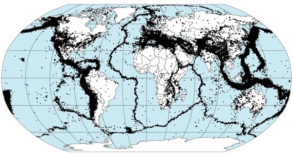 Mapa mundi mostrando ocorrência de terremotos