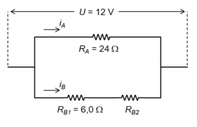Exemplo de associação mista de resistores, onde há dois em série fazendo paralelo com outro resistor