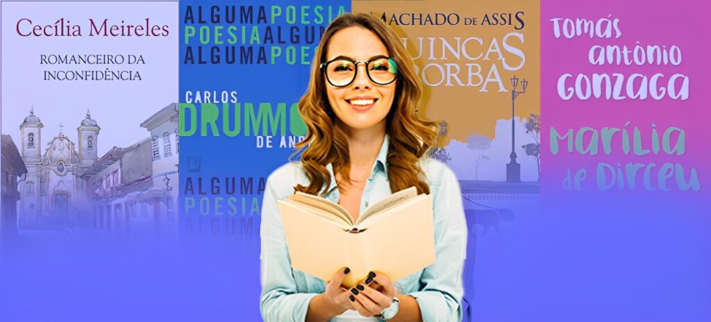 capas de livros ao fundo com mulher jovem leitora