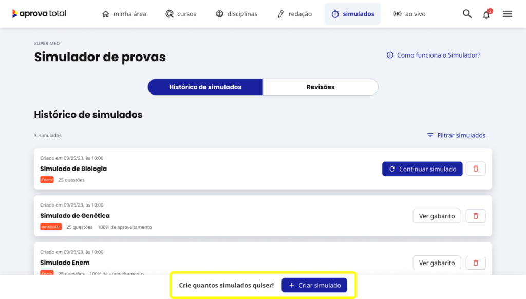 Exemplo do simulador de simulados/provas do Aprova Total