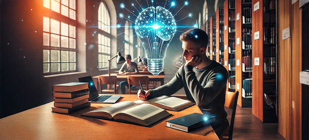 jovem estudando e uma lâmpada iluminada que remete ao seu cérebro relacionando neurociência e educação