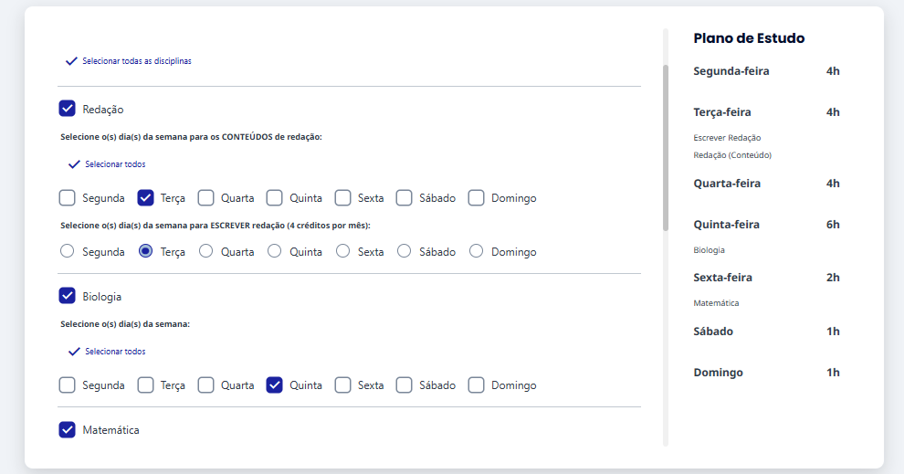 organização das disciplinas no cronograma