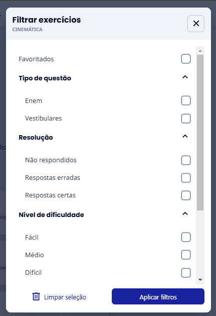 Modelo de filtro dos exercícios do Aprova Total