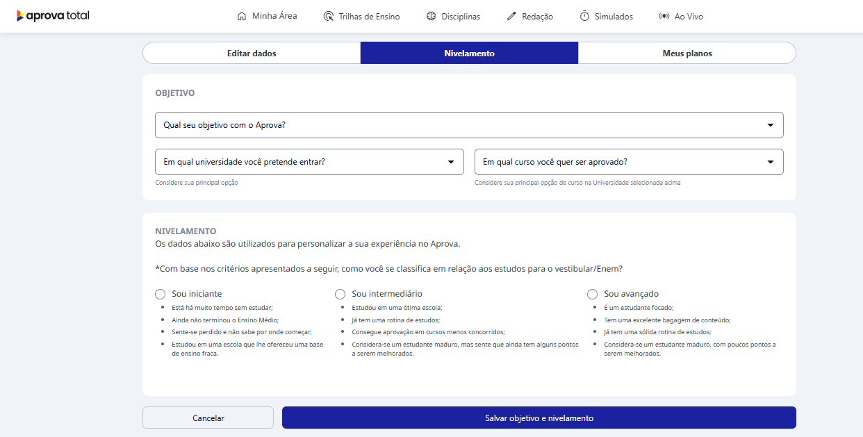 Questionário de nivelamento