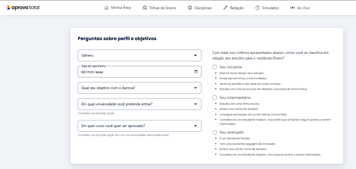 Questionário perfil e nivelamento Aprova Total