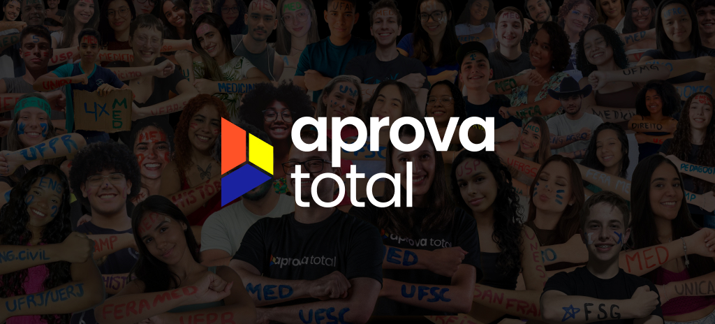 montagem com diversos alunos aprovados e logo do aprova total