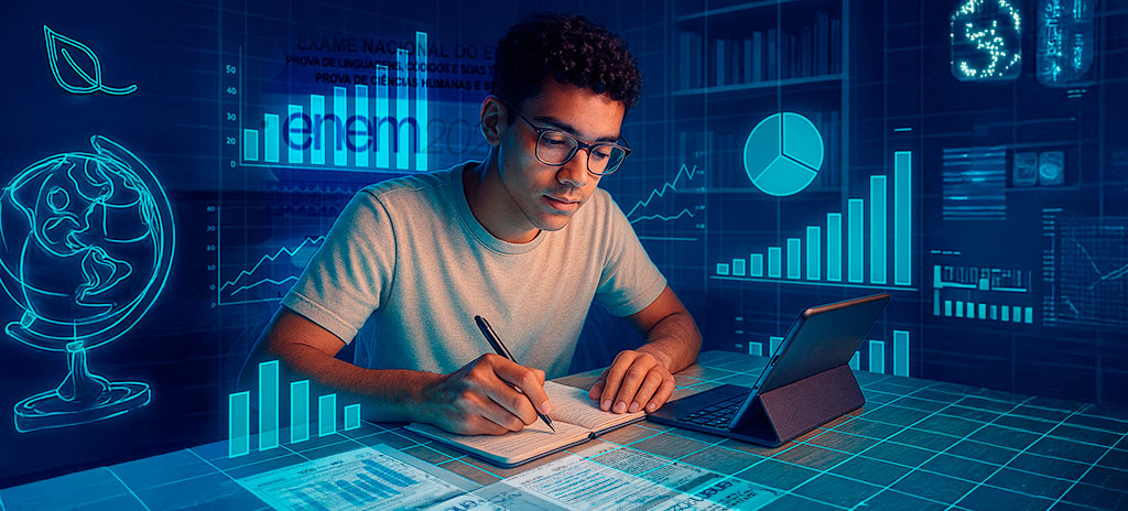 estudante em meio a gráficos simulando dados
