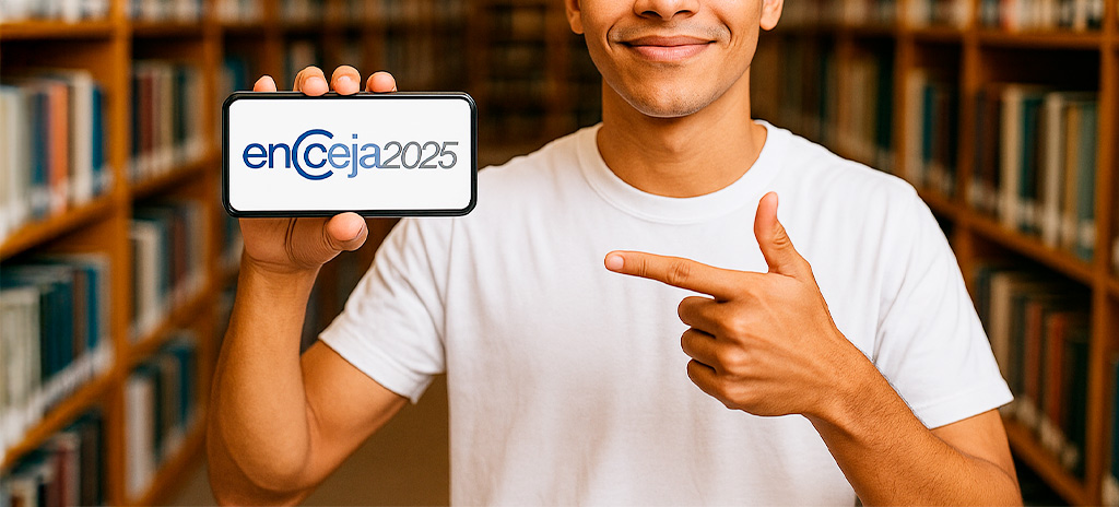 estudante apontando para celular escrito encceja 2025