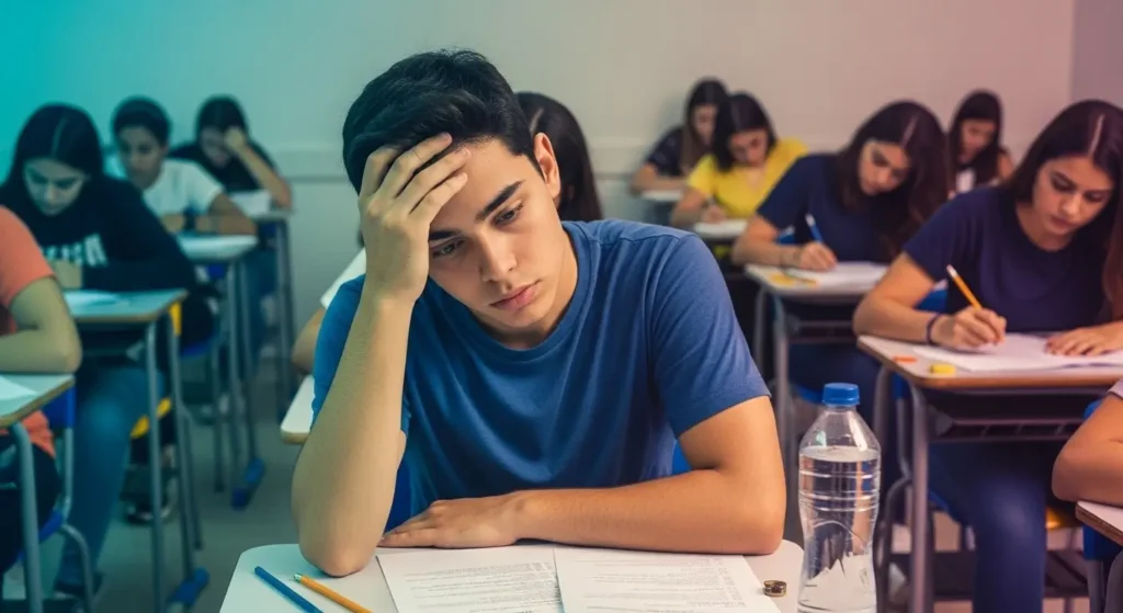 Estudante brasileiro sem óculos em sala de prova do Enem com mão na testa demonstrando bloqueio mental, sentado em carteira individual com prova aberta, garrafa d'água e lápis, enquanto outros alunos fazem a prova ao fundo, representando o momento de "branco" durante o exame.