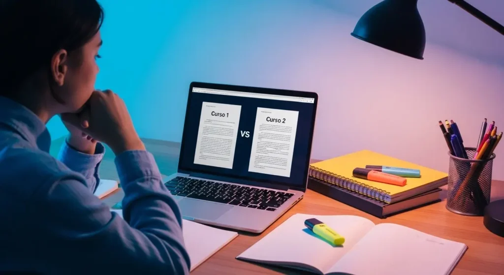 Estudante em posição pensativa comparando dois cursos de redação na tela do laptop, com mão no queixo analisando opções "Curso 1 VS Curso 2", cercada por materiais de estudo como cadernos, canetas coloridas e highlighters na mesa, em ambiente moderno com iluminação azul e rosa, representando o processo de escolha do melhor curso de redação para o Enem.
