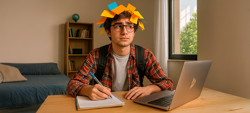 aluno sentado em frente ao notebook com vários post it na cabeça