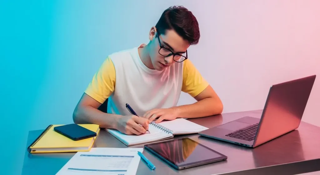 Estudante brasileiro de óculos concentrado criando cronograma de estudos para o Enem, escrevendo em caderno com laptop aberto, cercado por materiais organizados como cadernos amarelos, tablet e documentos de planejamento, em ambiente moderno com iluminação gradiente azul e rosa, representando a organização estratégica para 4 meses de preparação eficaz.