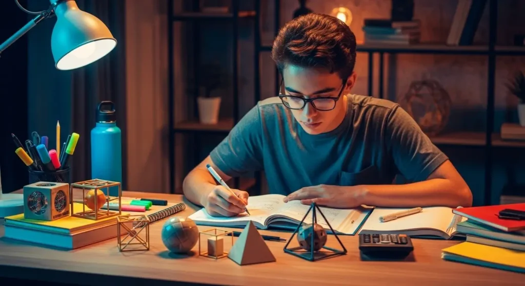 Estudante brasileiro de óculos concentrado estudando geometria espacial em ambiente moderno com iluminação cinematográfica azul e laranja. Na mesa estão dispostos sólidos geométricos tridimensionais como cubo, pirâmide, esfera e prismas, junto com livros de matemática, calculadora, canetas coloridas e garrafa d'água, representando o ambiente ideal de estudos para o Enem.