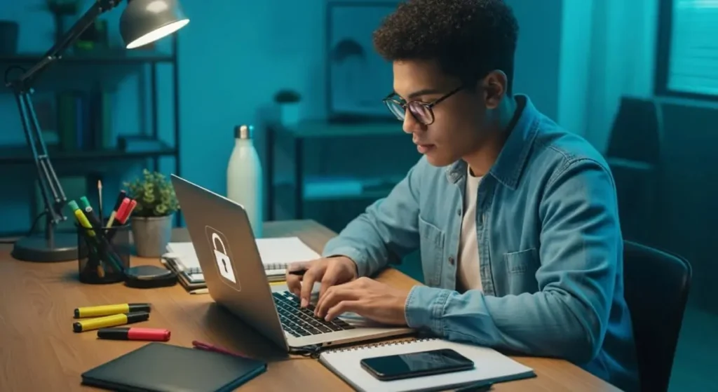 Jovem estudante com óculos e camisa jeans digitando no laptop que exibe um ícone de cadeado na tela, estudando em ambiente com iluminação azul-esverdeada, com materiais organizados na mesa incluindo marcadores, caderno e smartphone.