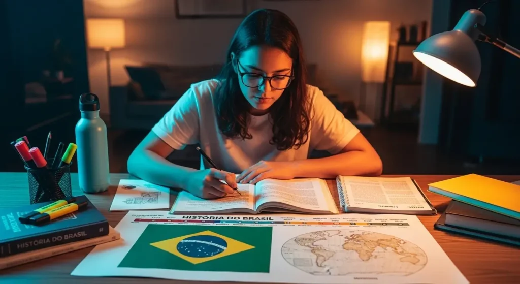 Estudante brasileira de óculos concentrada estudando História do Brasil em ambiente moderno com iluminação cinematográfica azul e laranja. Na mesa estão organizados materiais de estudo incluindo livro de História do Brasil, linha do tempo histórica, bandeira do Brasil, mapa-múndi, cadernos, canetas coloridas, highlighters e garrafa d'água, representando o ambiente ideal de preparação para o Enem com foco na disciplina de História.