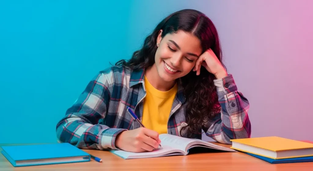 Estudante brasileira jovem sorrindo com confiança enquanto escreve em caderno, demonstrando autoconfiança e positividade durante os estudos, com mão apoiando a cabeça em postura relaxada e determinada, cercada por livros coloridos em fundo gradiente azul e rosa, representando o bem-estar e a preparação mental ideal para o Enem.