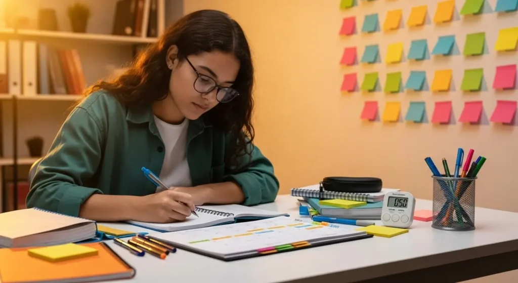 Estudante organizando cronograma de estudos com repetição espaçada, mesa com calendário marcado, timer digital e materiais coloridos sistematizados. Post-its na parede mostram intervalos de revisão planejados. Iluminação dourada lateral em ambiente moderno de estudo.