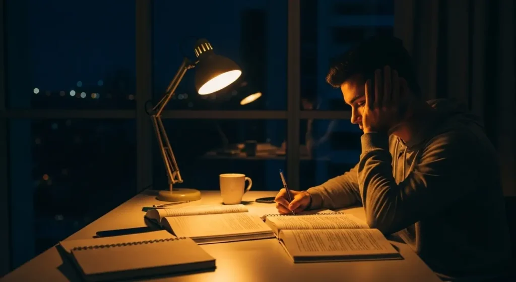 Estudante cansado mas focado estudando de madrugada em mesa iluminada por abajur. Contraste entre luz quente do estudo e escuridão da noite pela janela, transmitindo o dilema entre produtividade noturna e necessidade de descanso.