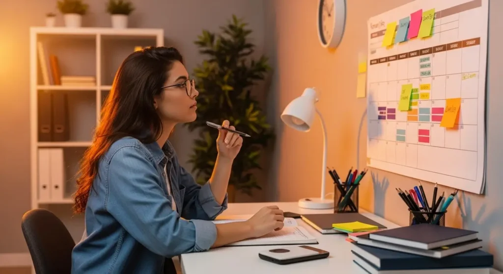 Estudante analisando cronograma de estudos colorido em parede ou mesa, com calendário organizado por blocos de matérias, timer e materiais de estudo. Iluminação dourada lateral em ambiente moderno, transmitindo foco e planejamento estratégico para a preparação do Enem
