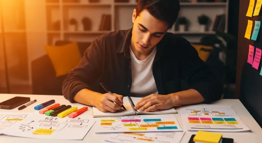 Estudante jovem concentrado escrevendo em caderno espiral, rodeado por anotações organizadas com mapas mentais, diagramas e post-its coloridos espalhados pela mesa. Marcadores de várias cores alinhados ao lado, com iluminação quente lateral criando atmosfera de estudo produtivo em ambiente moderno com estantes ao fundo.