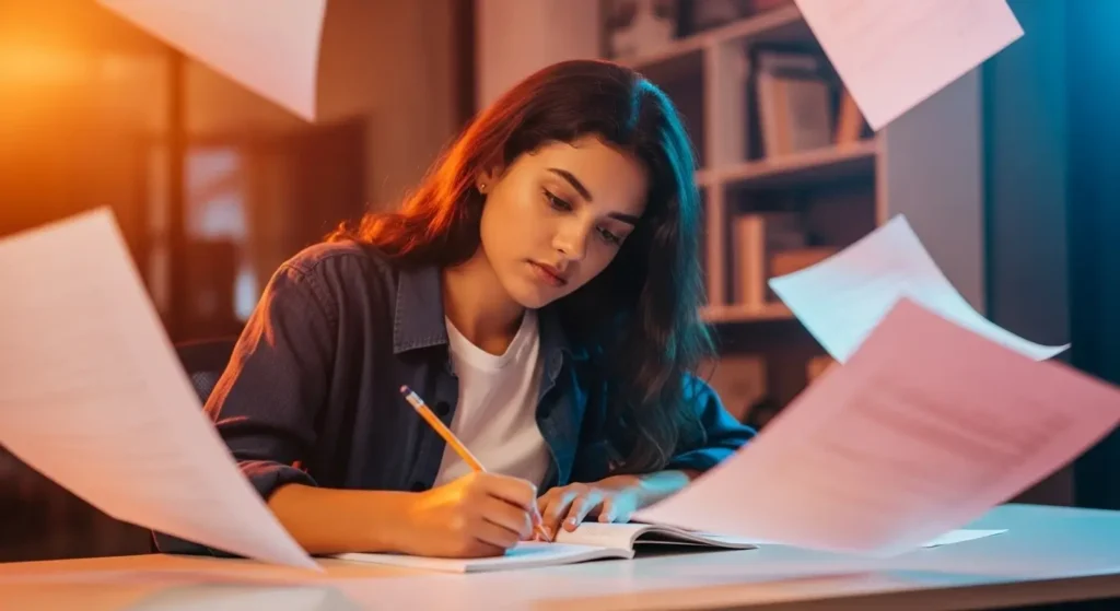 Estudante jovem concentrada resolvendo questões em ambiente de estudo moderno, com papéis flutuando ao redor em movimento dinâmico.