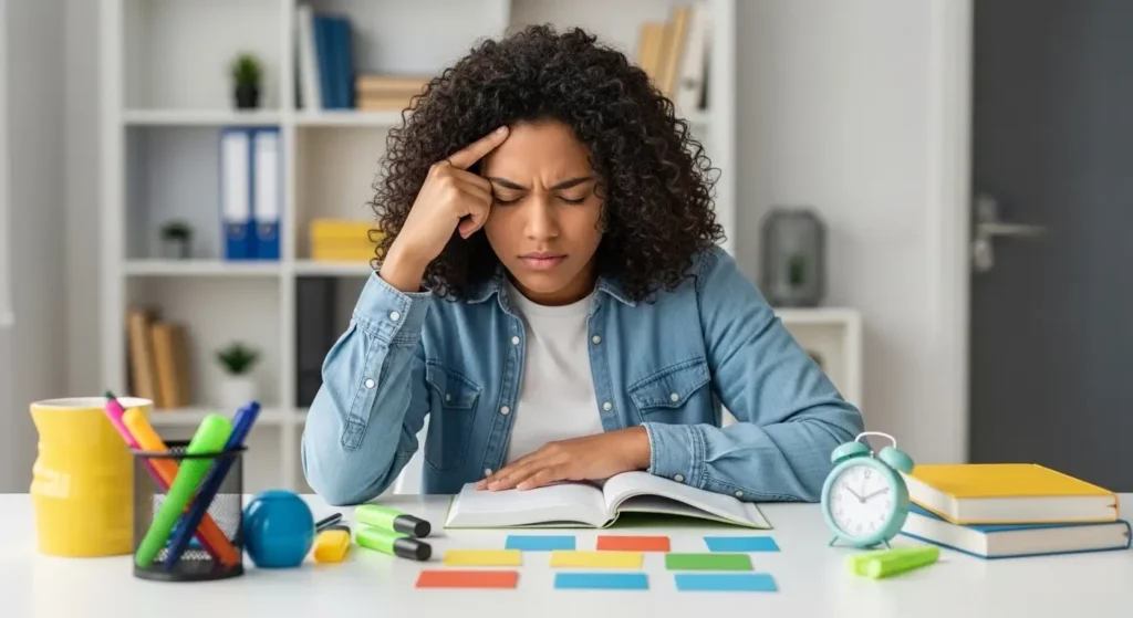 Estudante em profunda concentração praticando recuperação mental ativa, com mão na testa em gesto pensativo. Mesa organizada com materiais de estudo coloridos, timer e livros fechados. Iluminação dourada lateral criando atmosfera cinematográfica de foco e produtividade.