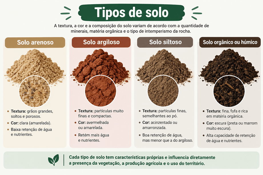 Montagem com tipos de solo - arenoso, argiloso, siltoso e orgânico