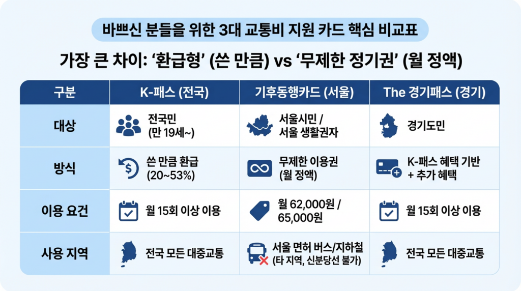 서울·경기 출퇴근러 필독! 교통비 최대 53% 환급받는 방법 (K-패스 vs 기후동행카드 vs The 경기패스)