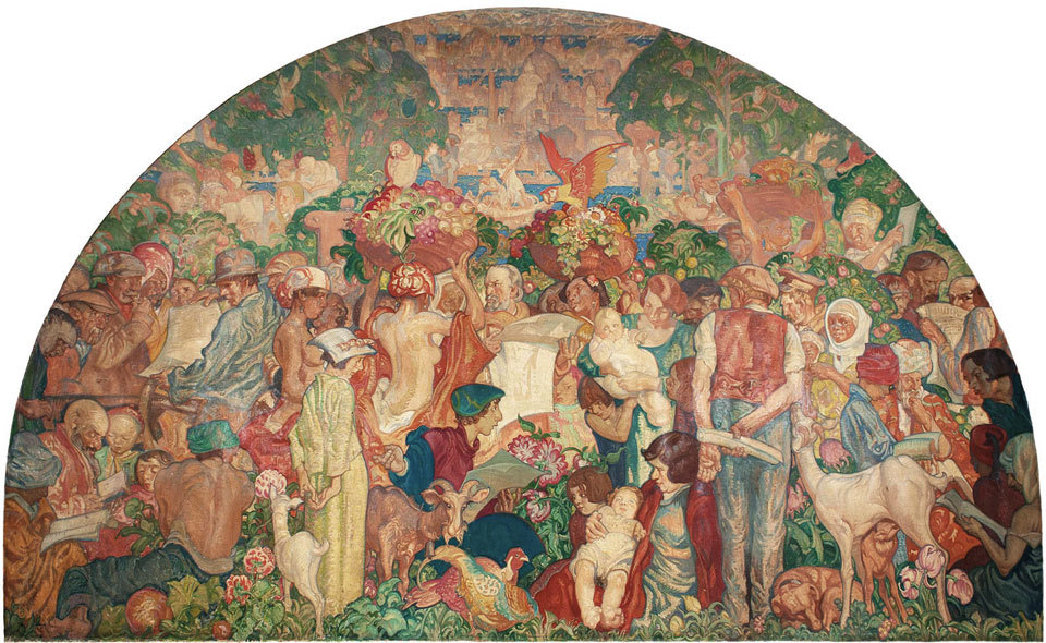 12. The Printed Word Makes the People of the World One by Sir Frank Brangwyn, Mural for the entrance hall of Odham Press, London. 1935-36. Oil on tempera canvas washed-in with tempera. 396.2 x 548.6cm.jpg