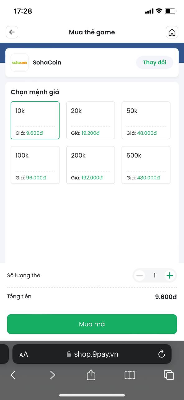 mua thẻ sohacoin