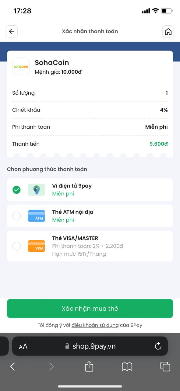 mua thẻ sohacoin trên 9shop