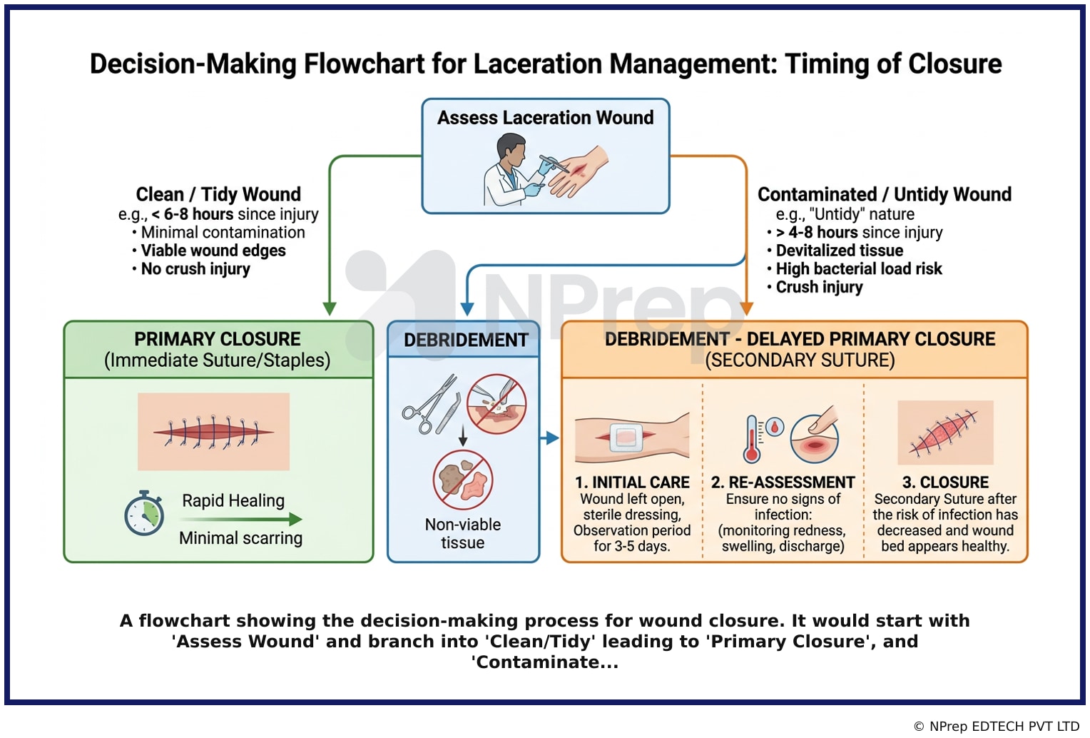 A flowchart showing the decision-making process for wound closure. It would start with Assess Wound and branch into Clean/Tidy leading to Primary Closure, and Contaminate...
