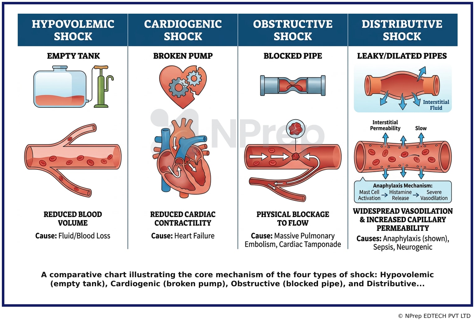 A comparative chart illustrating the core mechanism of the four types of shock: Hypovolemic empty tank, Cardiogenic broken pump, Obstructive blocked pipe, and Distributive...