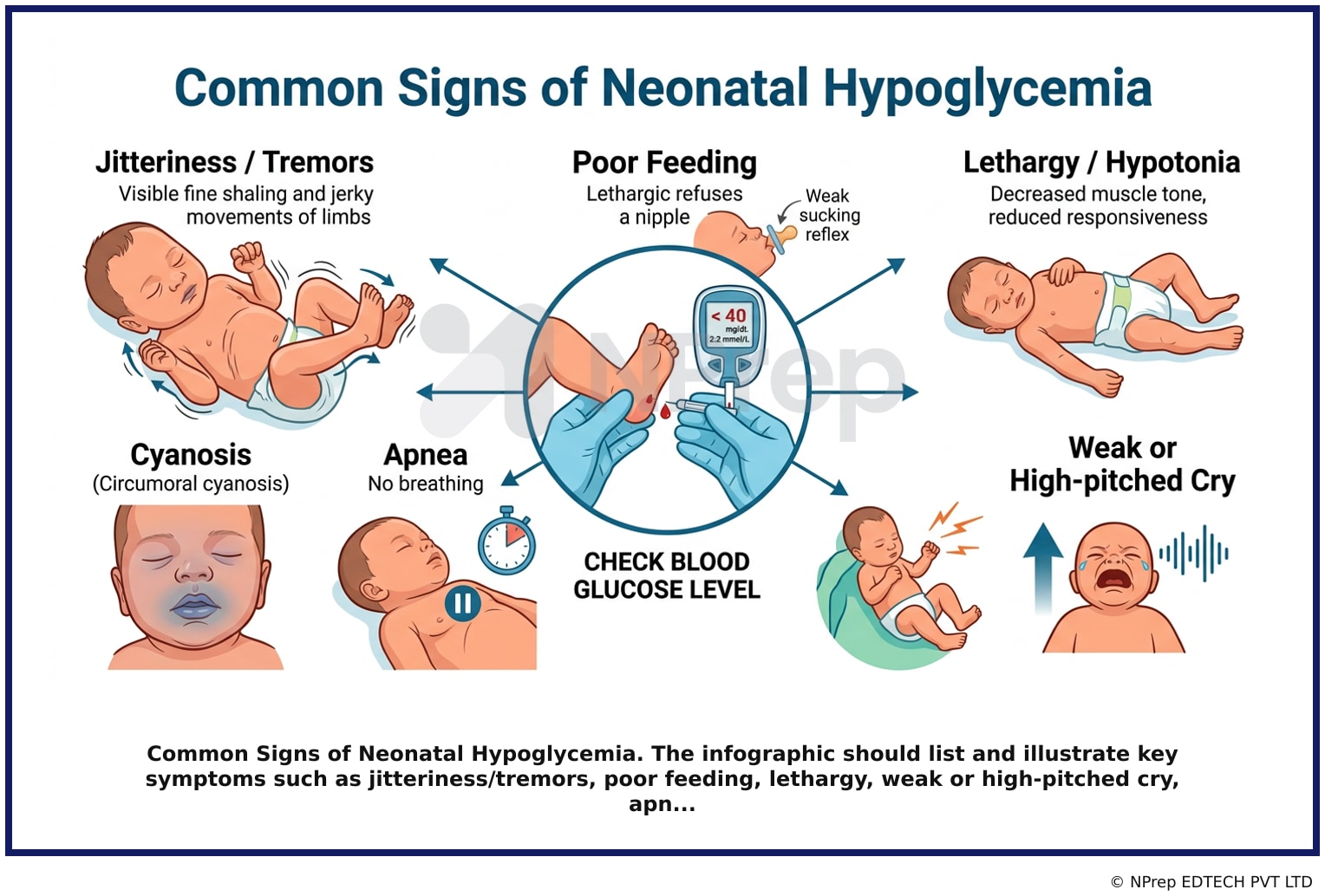 Common Signs of Neonatal Hypoglycemia. The infographic should list and illustrate key symptoms such as jitteriness/tremors, poor feeding, lethargy, weak or high-pitched cry, apn...