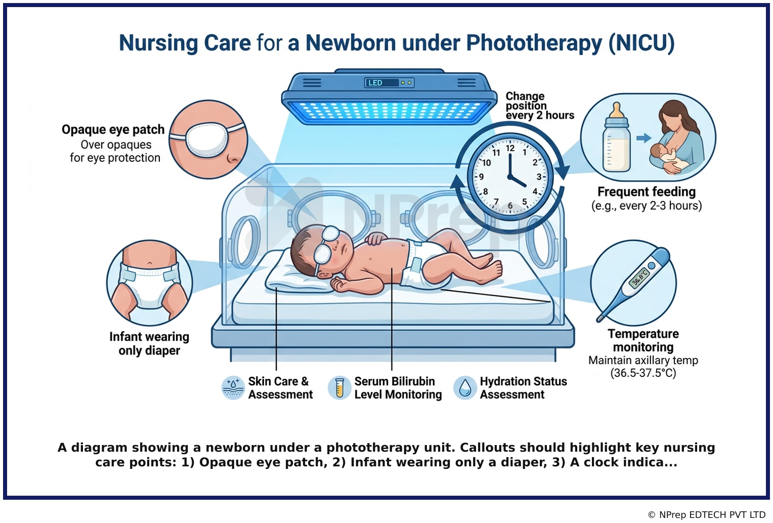 A diagram showing a newborn under a phototherapy unit. Callouts should highlight key nursing care points: 1 Opaque eye patch, 2 Infant wearing only a diaper, 3 A clock indica...