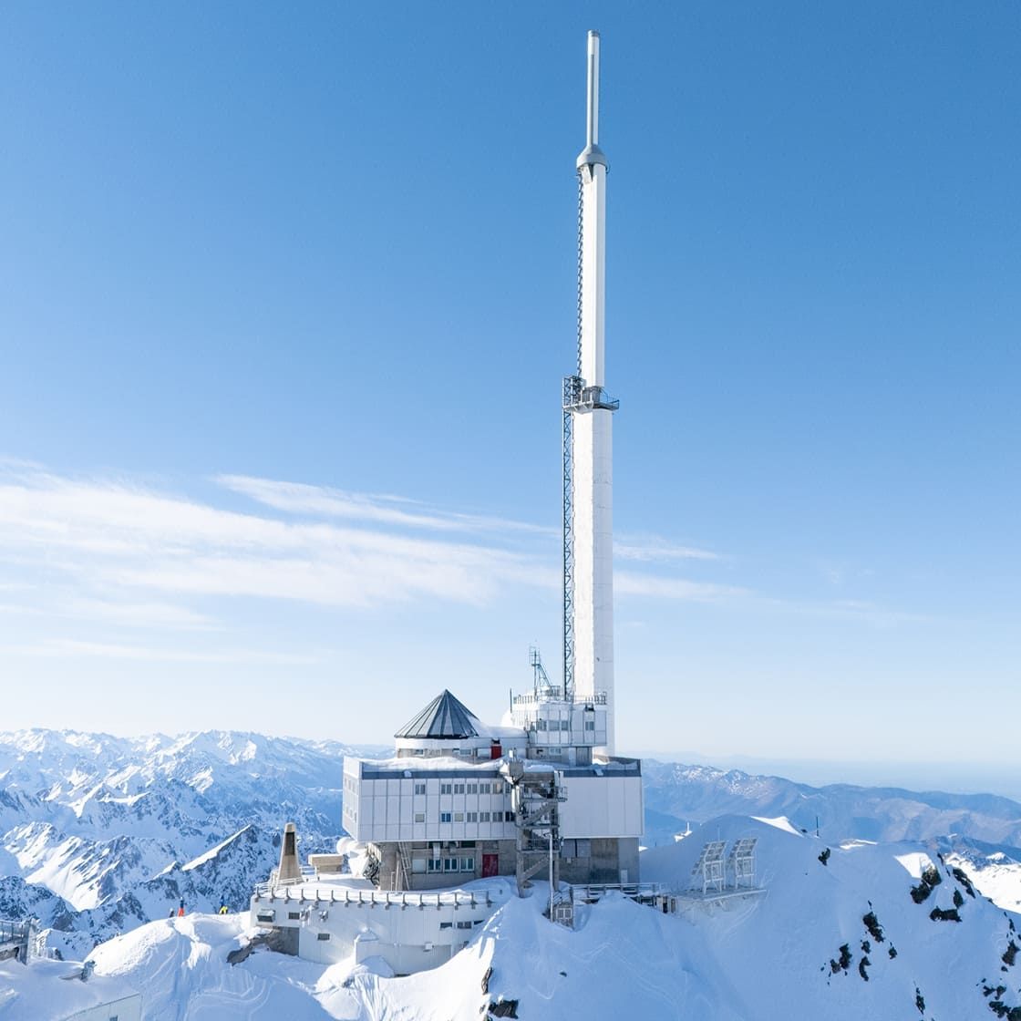 View of the Pic du Midi in the sun and covered in snow