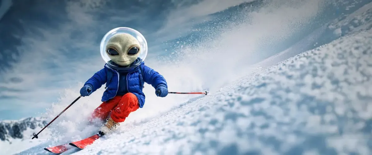 Skier with a Martian head skiing.