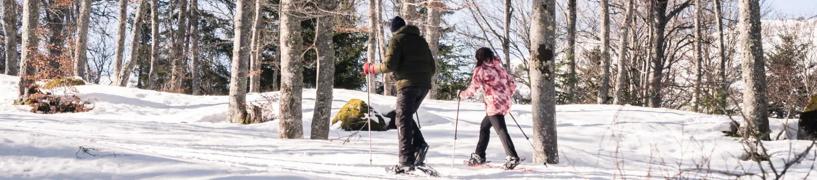 Two people snowshoeing in the trees at Tourmalet