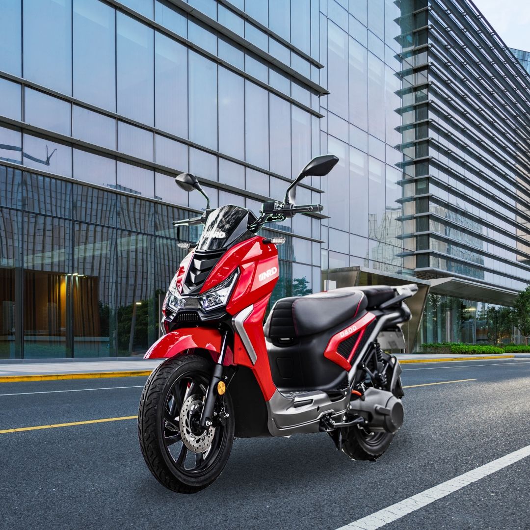 NRD D400 electric motorcycle in cityscape