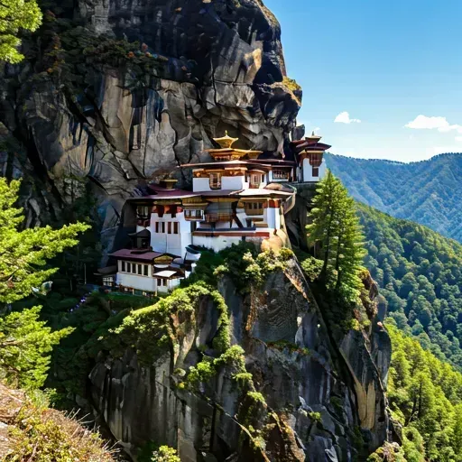 A serene view of the Taktsang Palphug Monastery (Tiger's Nest) clinging to a cliffside.