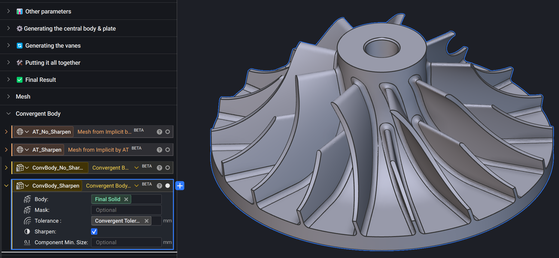 A convergent body of an impeller with its named faces outlined