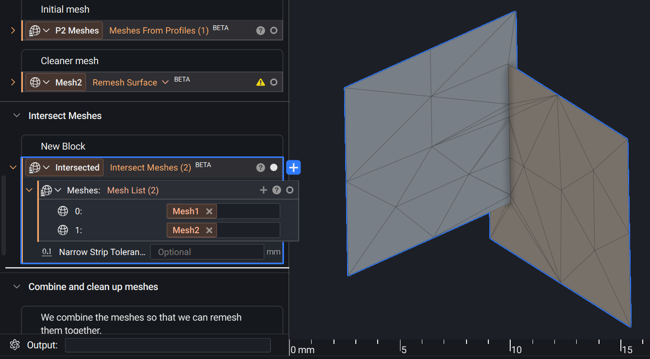 The same meshes after Intersect Meshes embeds the intersection seam