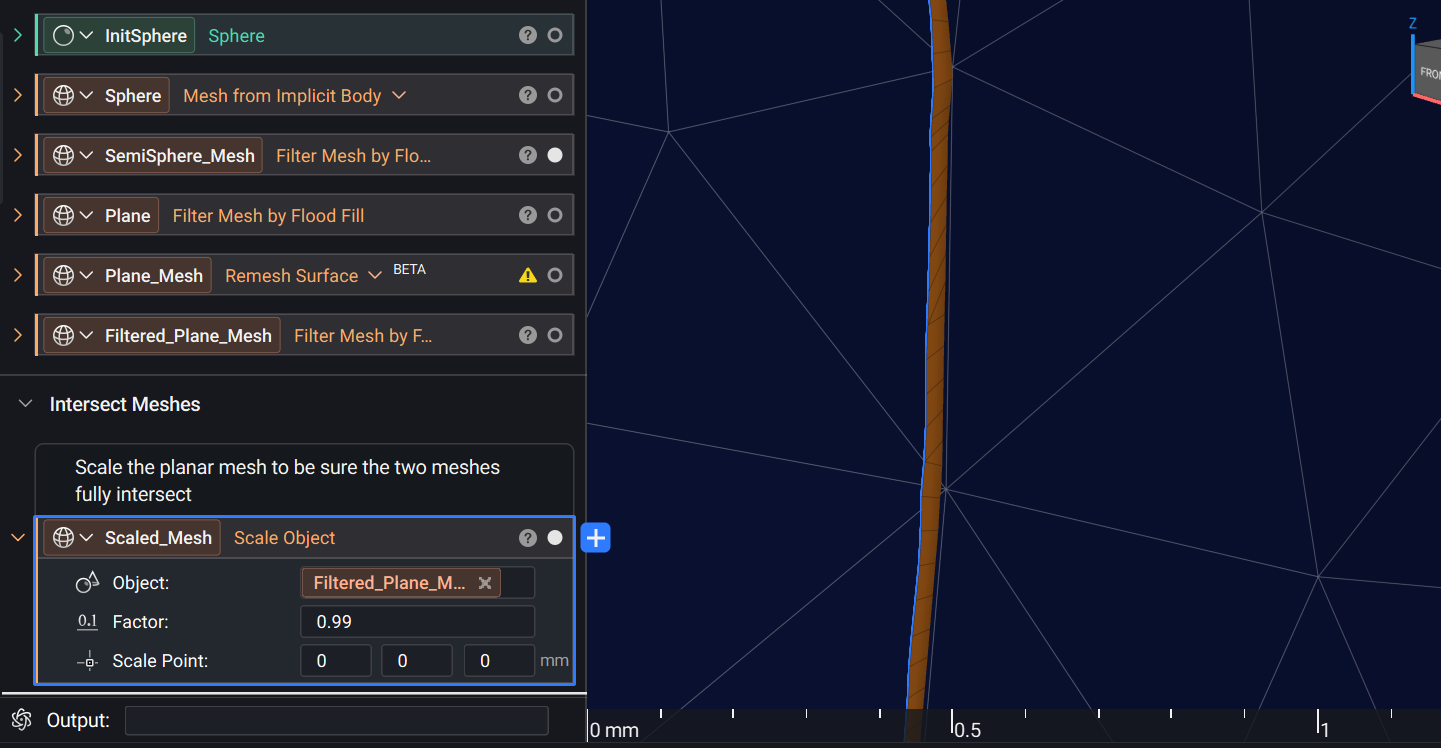 Two curved meshes before they are intersected, with a narrow protrusion at the seam