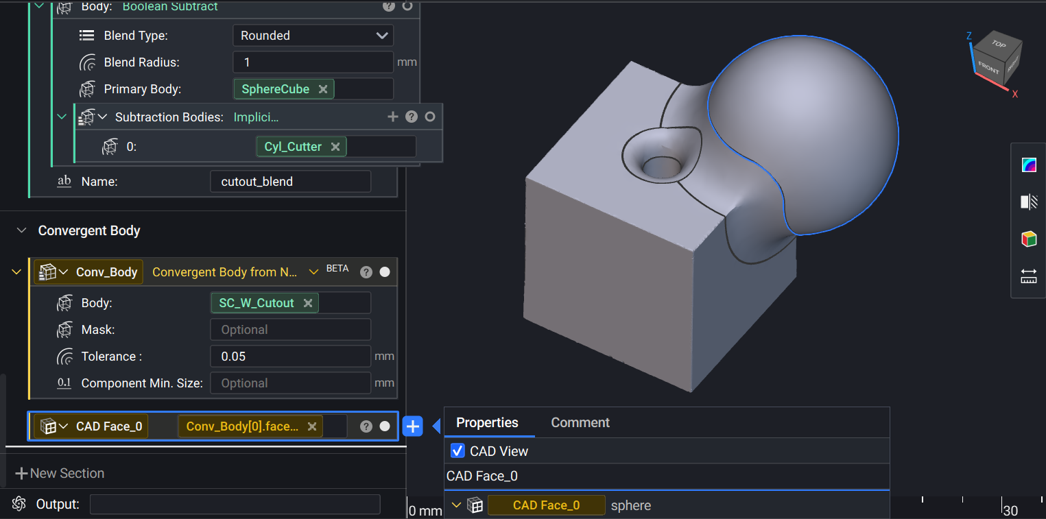 A sphere and cube with a named cutout shown as a separate face on the convergent body