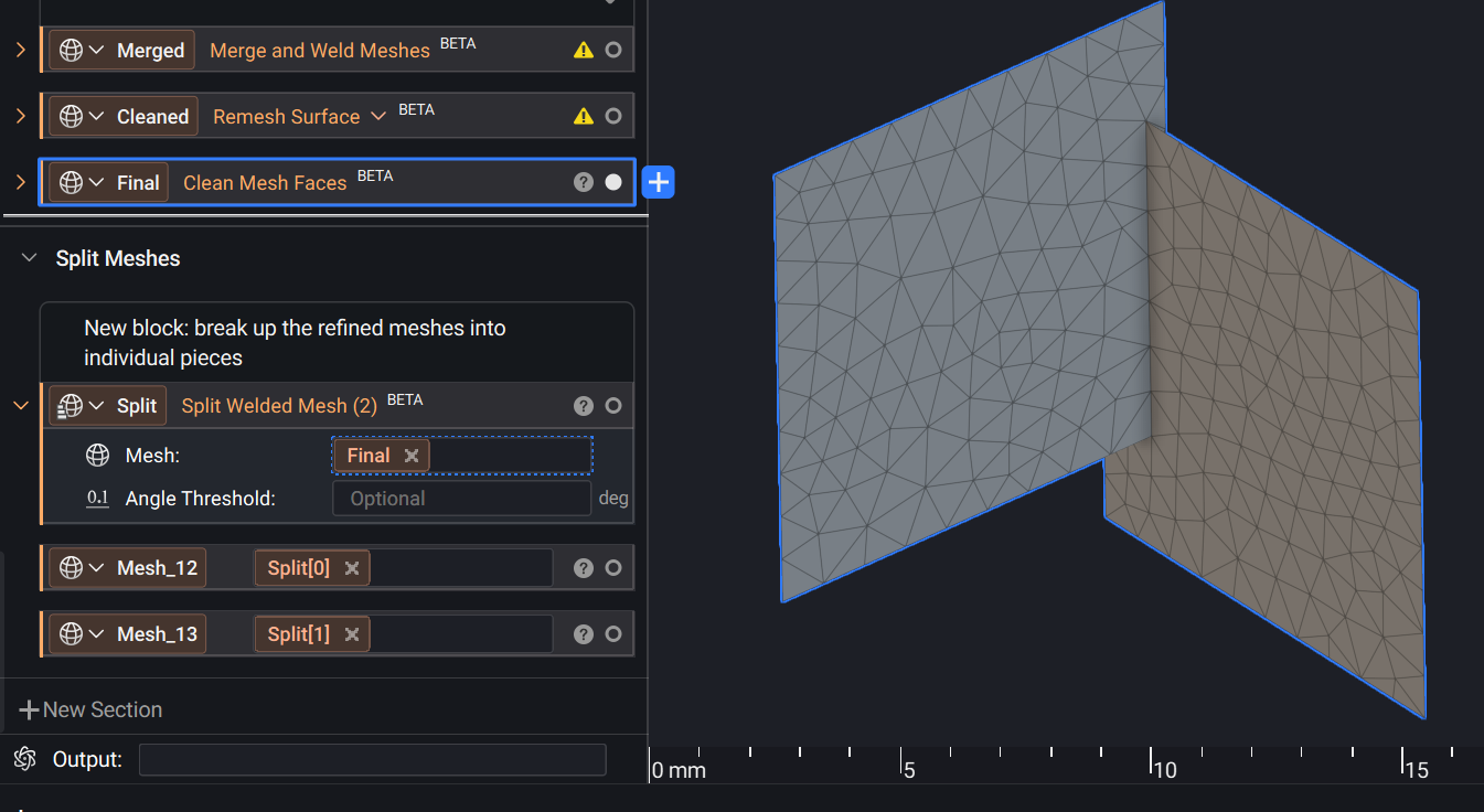 Two intersecting meshes merged into one welded mesh