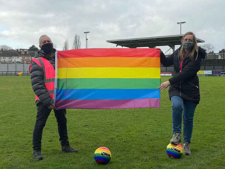 Phil Nightingale, joint volunteer of the year winner for 2019/2020 (left) ||  Caroline McRoyall, Chair of Tooting & Mitcham United FC (right)