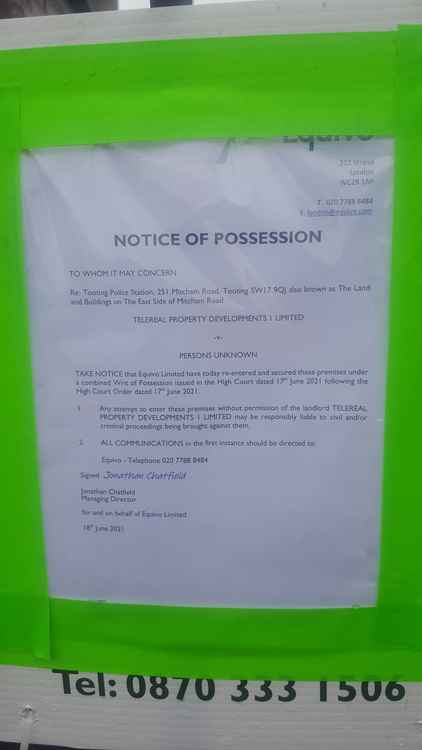 Notice of possession at Tooting Police Station (creds: @THGconservation)