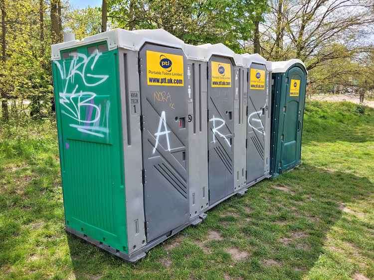 Portaloos on Tooting Common after they were vandalised