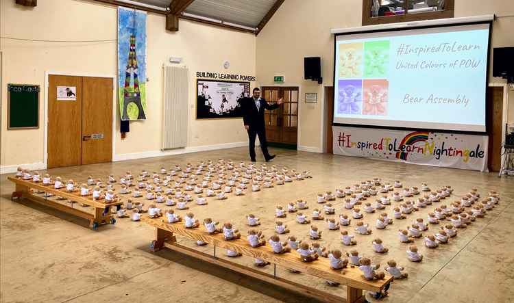 Headteacher Gary Spracklen holds the 'bear assembly' at The Prince of Wales School