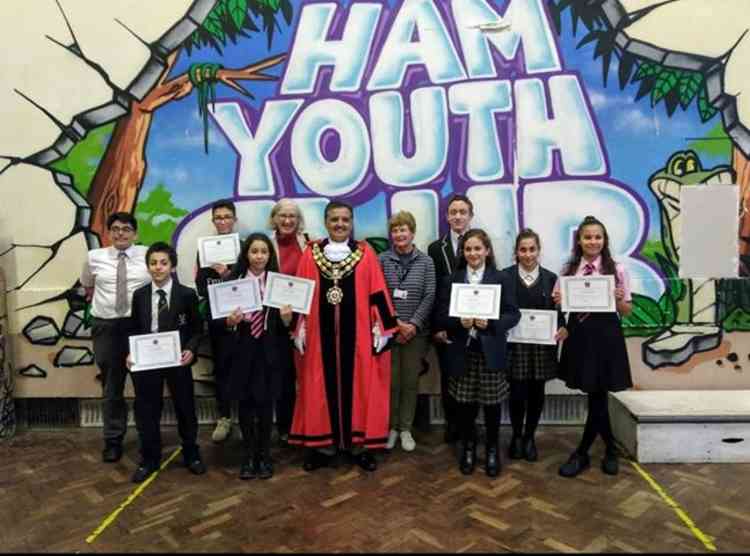 Youth club members with the town's mayor